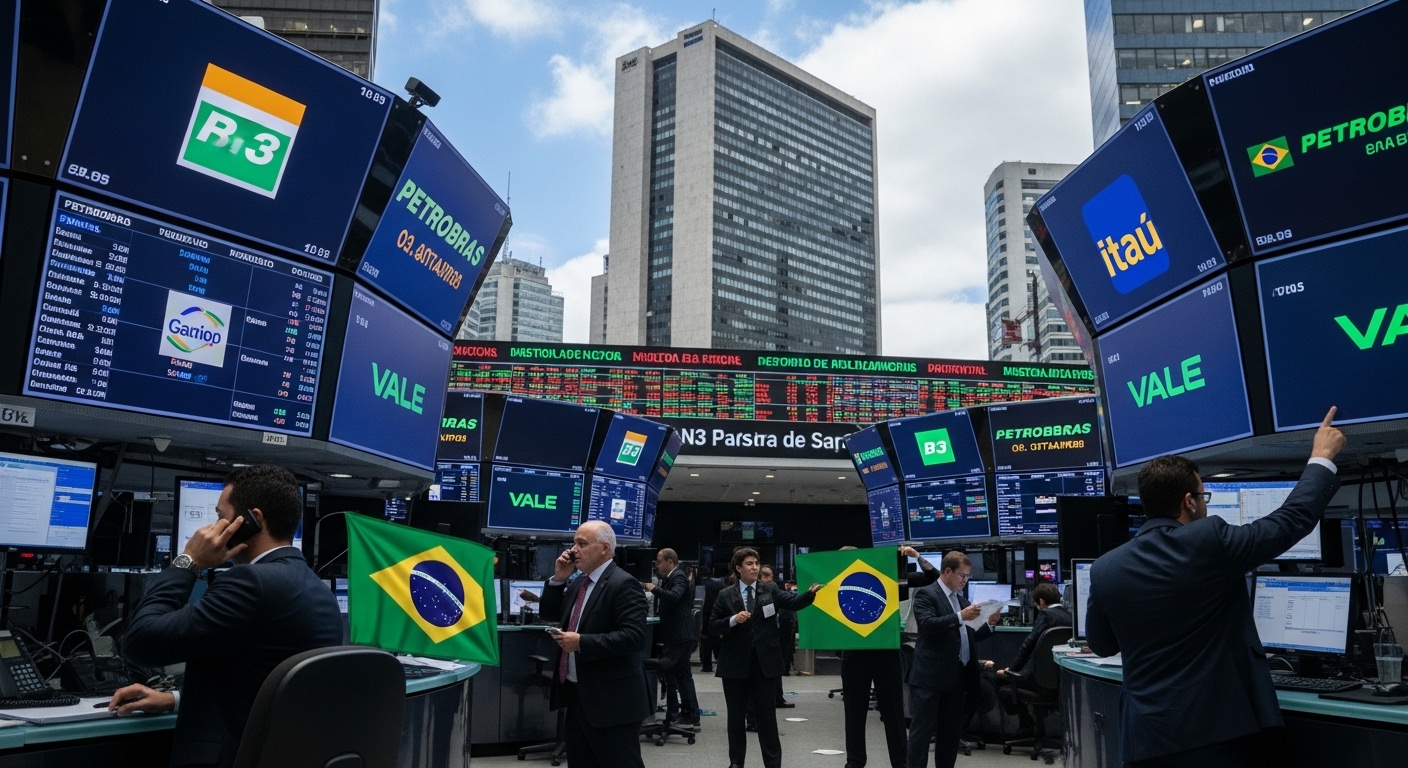 Corretoras na B3 com telas de ações de empresas brasileiras