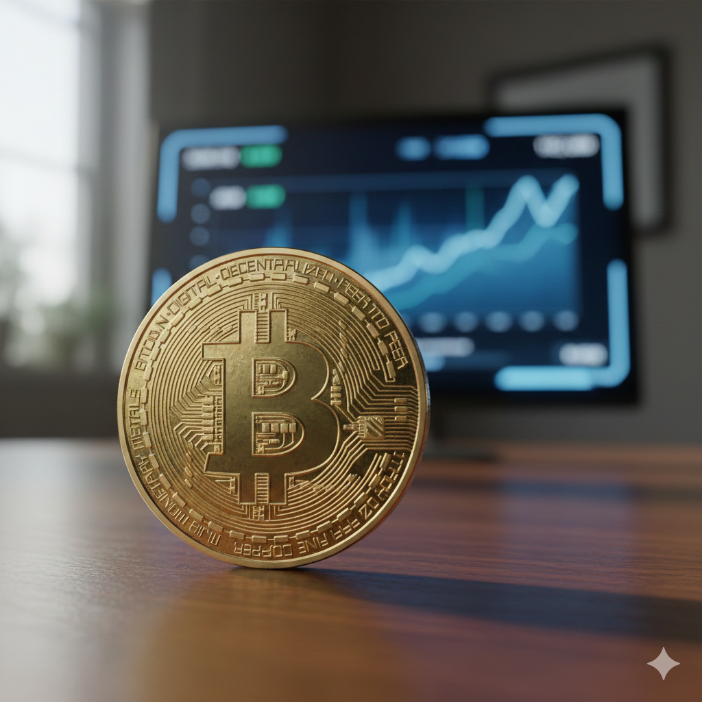 Bitcoin dourado em frente a um gráfico de criptomoedas. Previsão do bitcoin e criptomoedas para 2026.