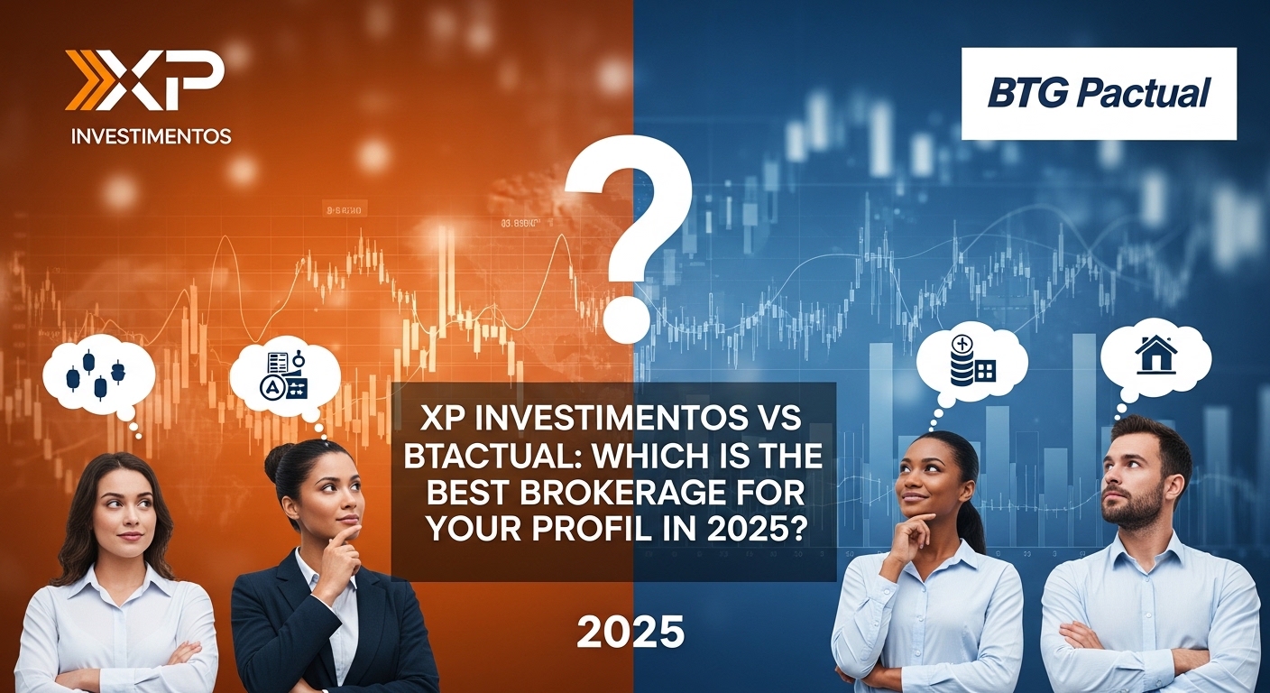 Comparativo XP Investimentos vs BTG Pactual: Qual a melhor corretora em 2025? Imagem com pessoas pensando em investimentos.