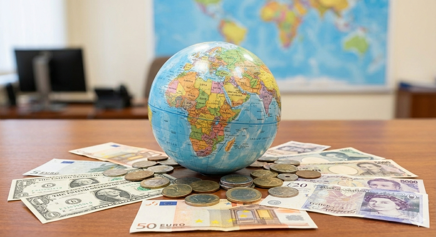 Globo terrestre com moedas e notas de dinheiro. Trabalhar como digitador online.