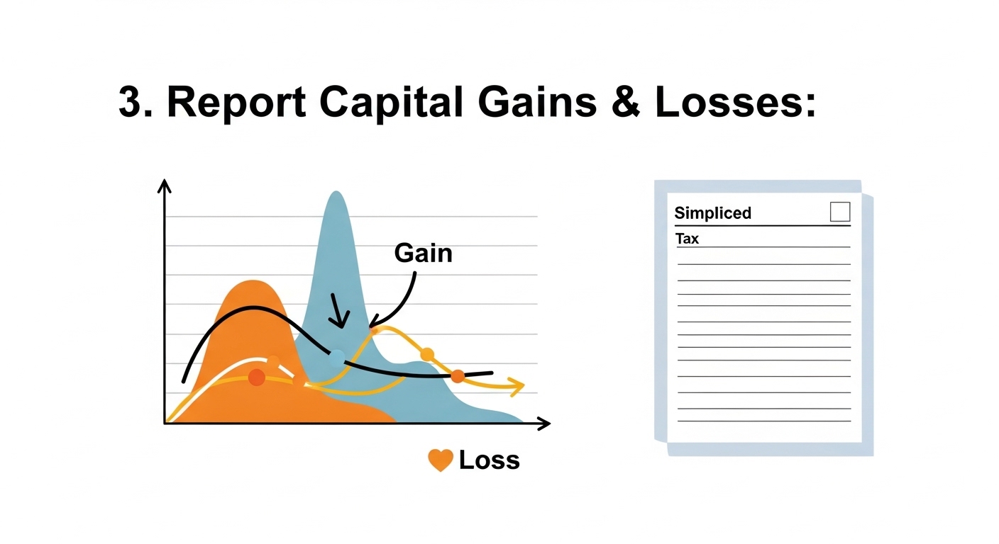 Gráfico de ganho e perda para declaração de investimentos no imposto de renda. Texto: "Report Capital Gains & Losses".