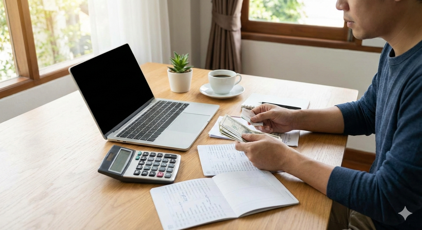 Homem calculando ganhos com dinheiro, laptop e calculadora. Como ganhar 100 reais por dia na internet.