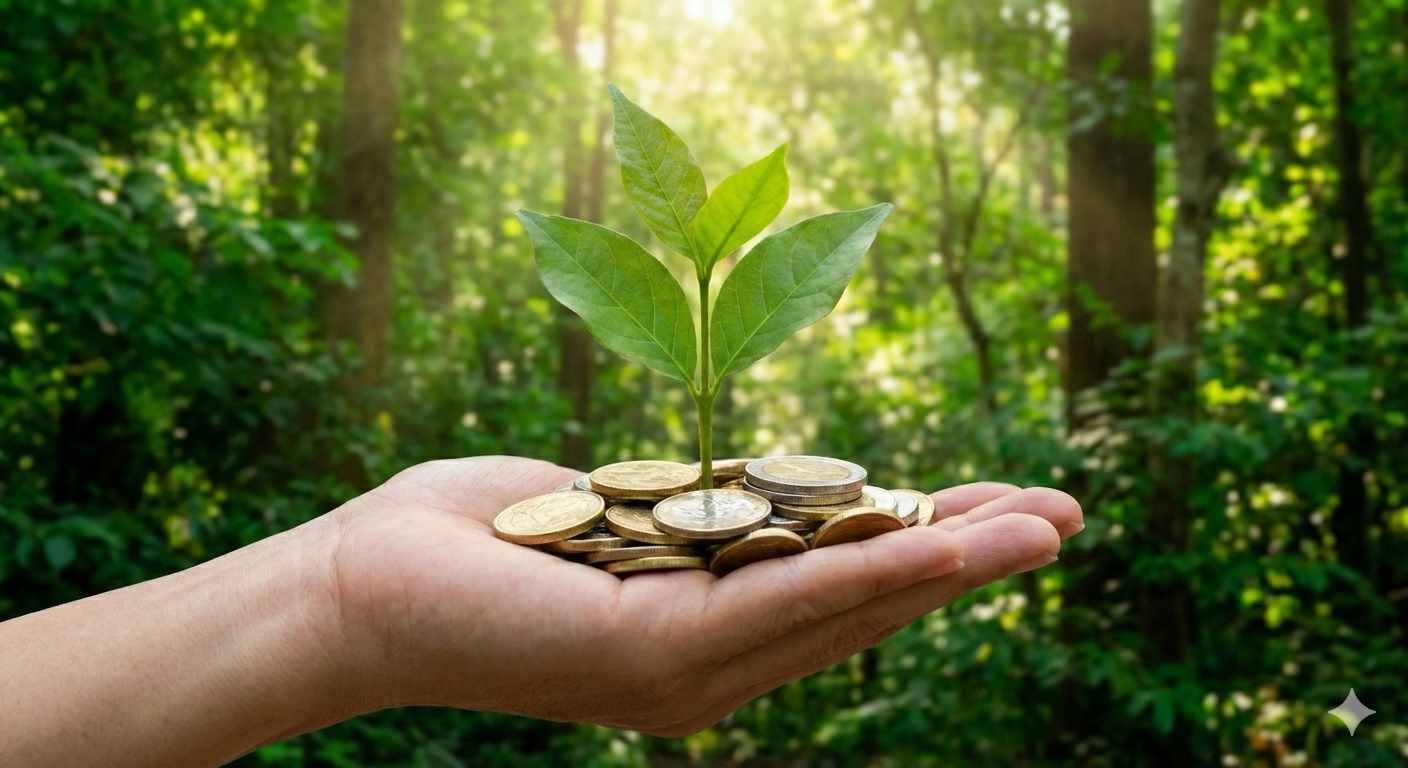 Mão segurando moedas com muda de planta crescendo, representando renda extra urgente.