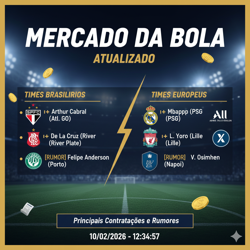 Mercado da Bola atualizado 2024: Rumores de transferências de jogadores entre times brasileiros e europeus.
