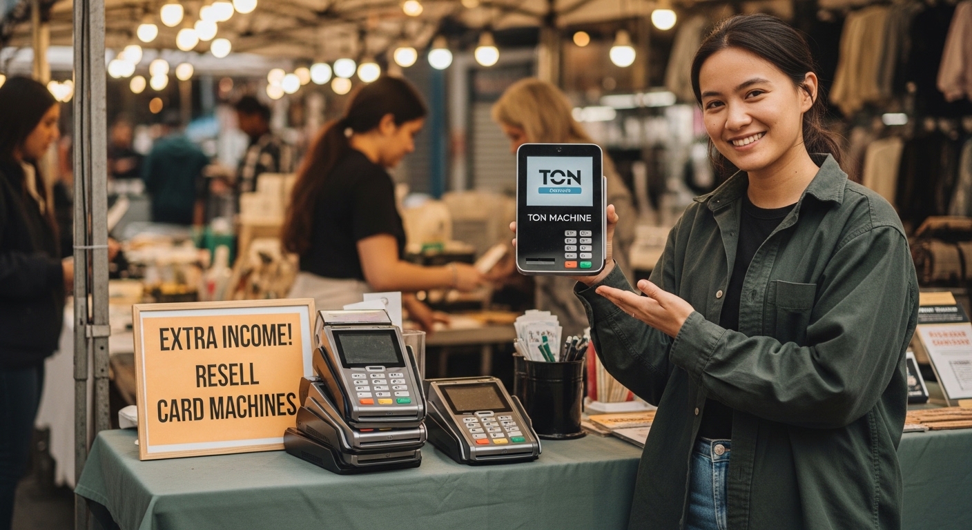 Mulher sorrindo apresenta máquina Ton. Revender maquininhas de cartão vale a pena? Renda extra!