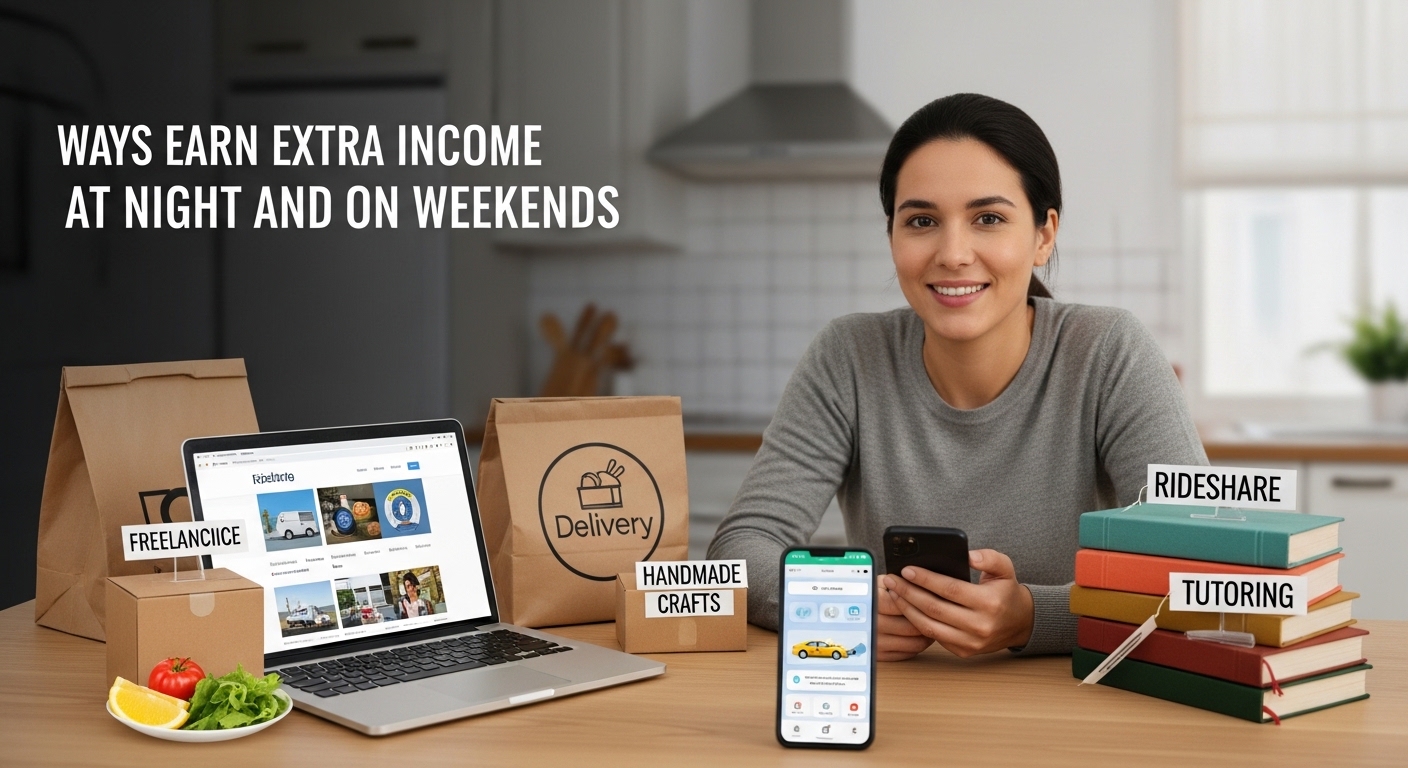 Mulher sorrindo mostrando opções de renda extra noturna e finais de semana: freelance, delivery, artesanato, transporte e tutoria.