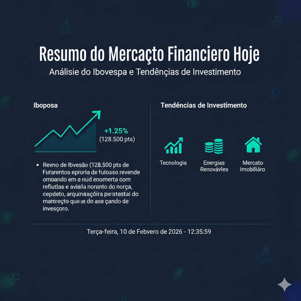 Resumo do mercado financeiro hoje: Ibovespa em alta, com destaque para tecnologia, energias renováveis e mercado imobiliário.