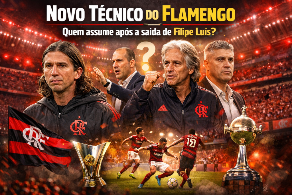 Imagem com o título 'Novo Técnico do Flamengo'. Destaque para a camisa do Flamengo e diversos técnicos em ação, além de troféus e um jogador em campo. Uma interrogação sugere dúvida sobre o novo técnico após a saída de Filipe Luís.