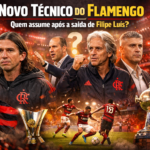 Imagem com o título 'Novo Técnico do Flamengo'. Destaque para a camisa do Flamengo e diversos técnicos em ação, além de troféus e um jogador em campo. Uma interrogação sugere dúvida sobre o novo técnico após a saída de Filipe Luís.