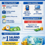 Infográfico sobre o Abono PIS/Pasep 2026, detalhando quem tem direito, como consultar e quando o pagamento será realizado, com elementos visuais como calendário, dinheiro, e símbolos financeiros.