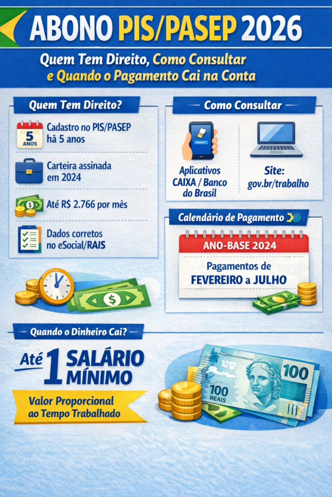 Infográfico sobre o Abono PIS/Pasep 2026, detalhando quem tem direito, como consultar e quando o pagamento será realizado, com elementos visuais como calendário, dinheiro, e símbolos financeiros.