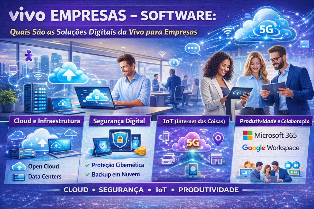 Imagem ilustrativa sobre soluções digitais da Vivo para empresas, com destaque para Cloud e Infraestrutura, Segurança Digital, IoT e Produtividade. Pessoas trabalhando em um ambiente moderno, interagindo com tecnologia.