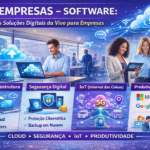 Imagem ilustrativa sobre soluções digitais da Vivo para empresas, com destaque para Cloud e Infraestrutura, Segurança Digital, IoT e Produtividade. Pessoas trabalhando em um ambiente moderno, interagindo com tecnologia.