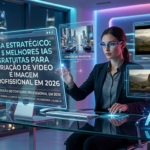 Uma mulher trabalhando em um ambiente de escritório moderno, com uma tela holográfica exibindo um guia sobre as melhores IAs gratuitas para criação de conteúdo, vídeos e imagens profissionais em 2026.