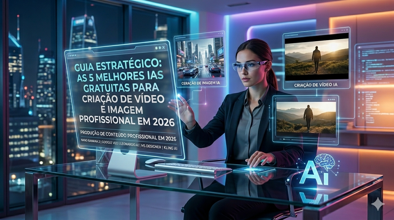 Uma mulher trabalhando em um ambiente de escritório moderno, com uma tela holográfica exibindo um guia sobre as melhores IAs gratuitas para criação de conteúdo, vídeos e imagens profissionais em 2026.