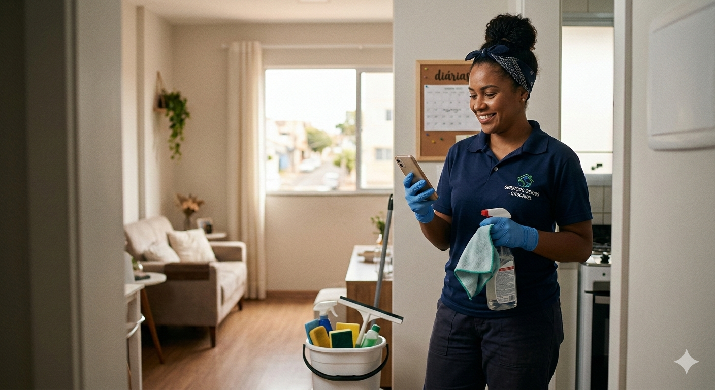 Mulher sorridente segurando um celular, com luvas, limpando um ambiente doméstico com produtos de limpeza ao lado.